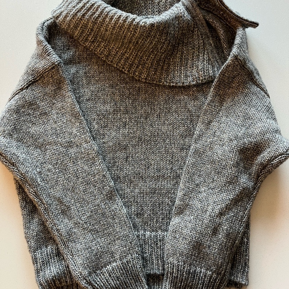 White House Black Market Silver Shiny Charcoal Off-Shoulder Zippered Sweater - Picture 6 of 9